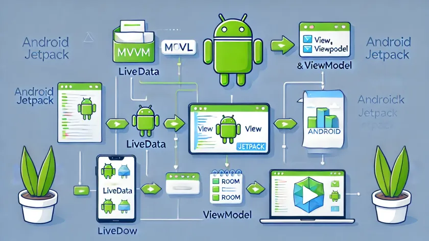 Illustration of MVVM architecture used in Android app development, showing the flow between Model, View, and ViewModel with Android Jetpack components