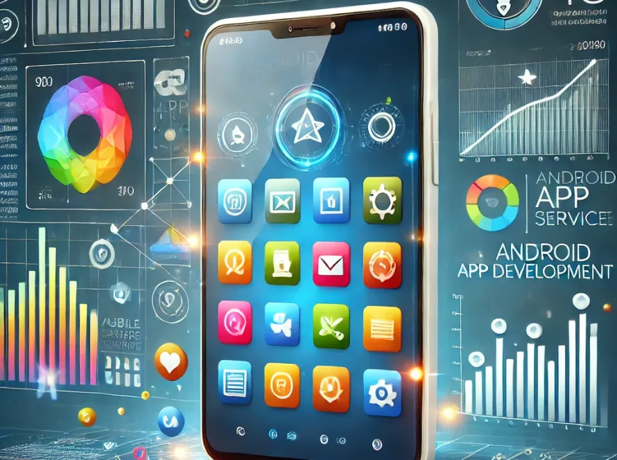 Professional Android app development concept image featuring a smartphone with app icons, analytics graphics, and growth charts, symbolizing user engagement, app performance, and development. Background includes subtle digital elements like code snippets, enhancing the technology-focused theme.