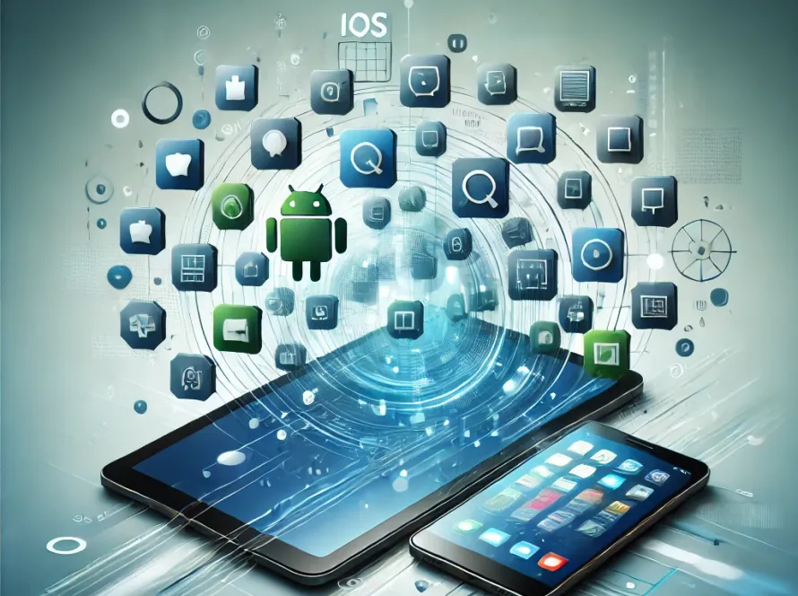 iOS + Android Development visual showing a smartphone and tablet side-by-side with flowing app icons, symbolizing seamless cross-platform integration. The image features blue and green hues representing both platforms, with a soft gradient background for a modern, professional look.