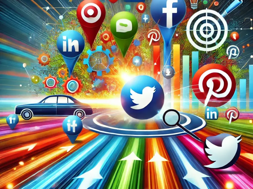 Illustration of Digital Marketing and Social Media Services, featuring interconnected icons for SEO, email marketing, analytics, and social media platforms surrounding a central computer screen with engagement metrics, set against a sleek blue and white background symbolizing connectivity and growth